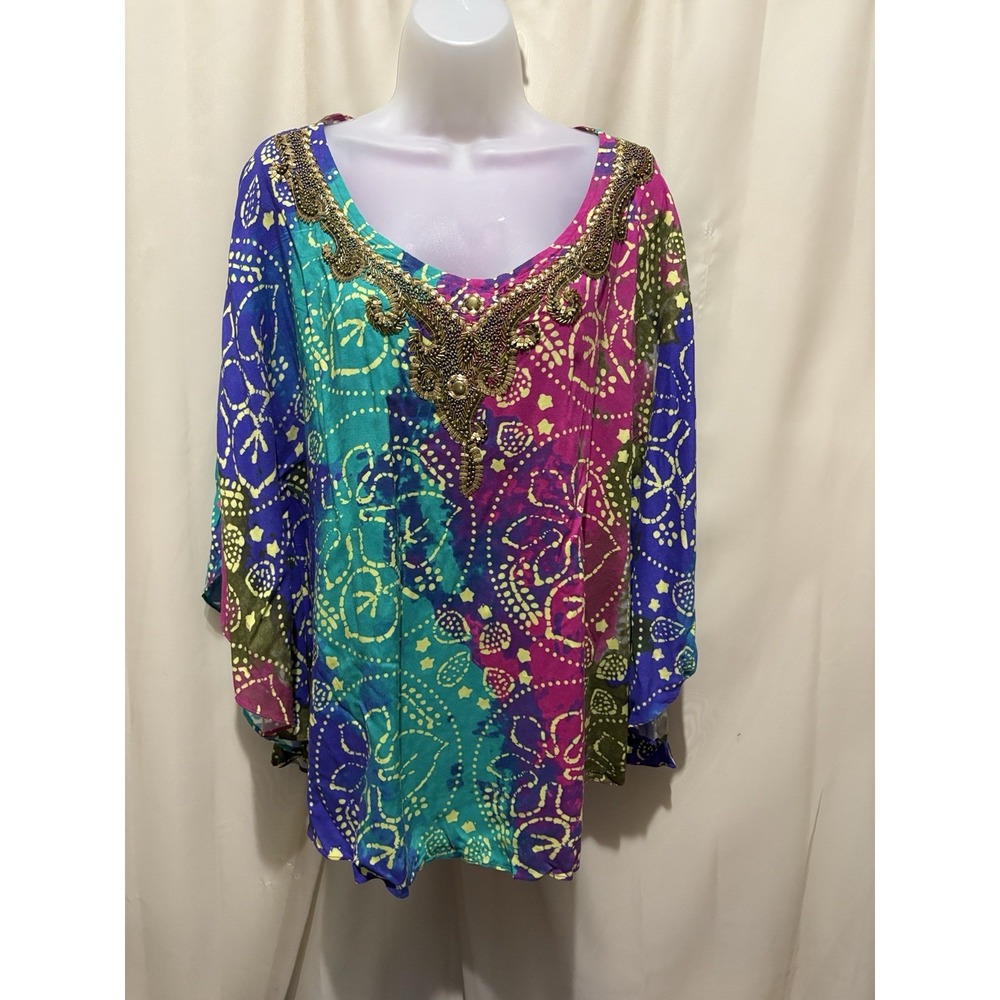 CHICO'S SZ S/M SEMI KAFTAN STYLE PULLOVER TOP BEADED